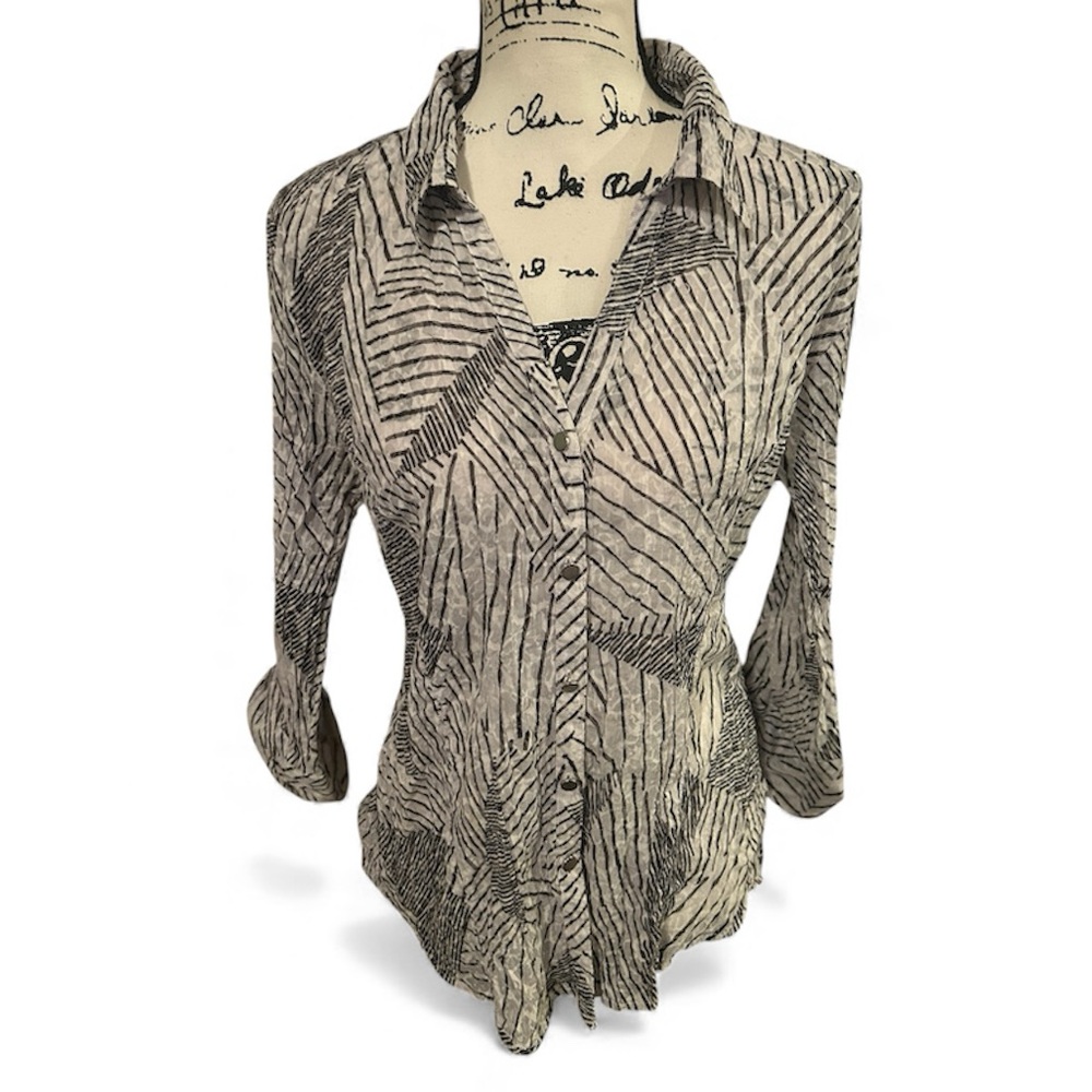 JM Collection Ruched Button Down Striped Shirt
